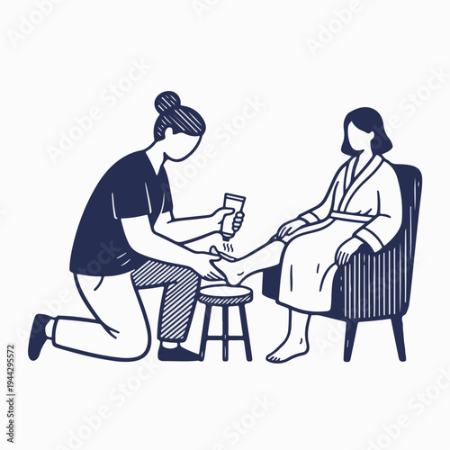 Therapist applying cream to client foot. Vintage line art vector graphic. Spa treatment and skincare concept. Isolated engraving style drawing