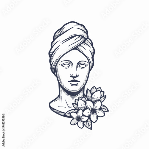 Stone sculpture head with spa towel and flowers. Vintage engraving vector graphic. Luxury beauty and wellness concept. Isolated line art drawing