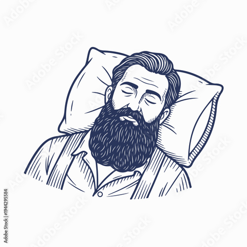 Bearded man resting on a pillow. Vintage flat vector graphic of a sleeping man. Sleep and relaxation concept. Isolated on white background