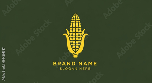 Minimalist golden corn logo design with brand name and slogan on a dark green background, perfect for food and agriculture businesses.