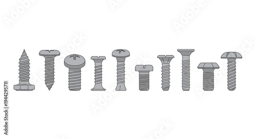 Collection of Various Metal Screws and Fasteners Vector Illustration
