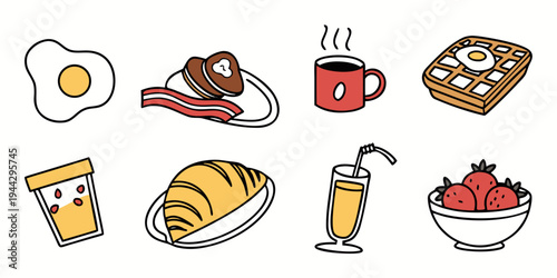 Assorted breakfast foods including eggs, toast, and beverages in a delightful arrangement