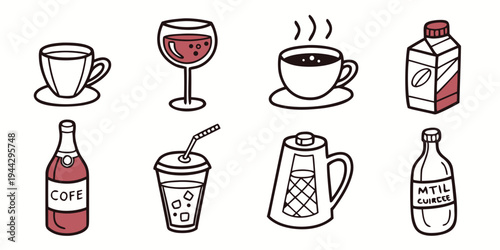 Assorted beverages including coffee, tea, soda, and milk in various containers.