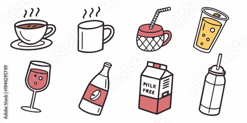 Assorted beverages including coffee, tea, juice, and milk in various containers