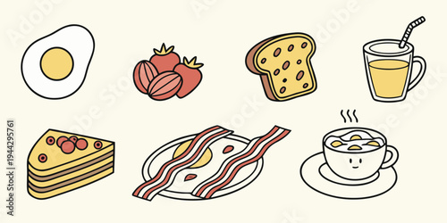 Assorted breakfast foods including eggs, toast, beans, and coffee