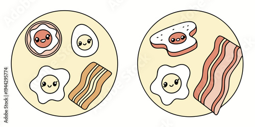 Two happy faces made from breakfast food items in a playful illustration.