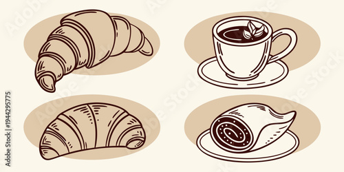 Assorted pastries and beverages arranged in a square formation.