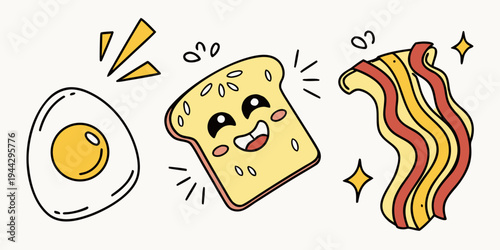 A smiling piece of toast with an egg and bacon strip in a playful scene