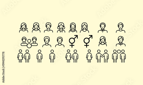 Diverse group of outlined people icons including gender symbols representing community and inclusivity high quality