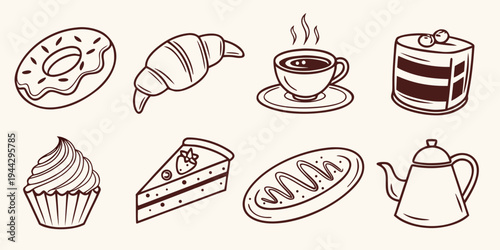 Assorted pastries and a teapot with coffee on a white background
