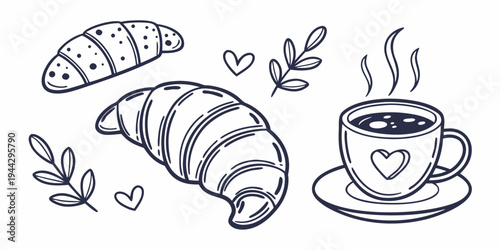 A delightful illustration of a croissant and a cup of coffee with steam and hearts
