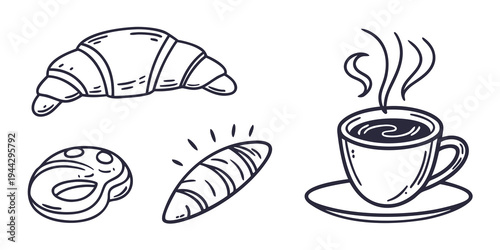 Assorted pastries and a cup of coffee with steam on a white background