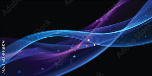 An abstract blue and purple background design with flowing fractal smoke curves, creating a futuristic motion pattern of light and energy lines on a black backdrop texture