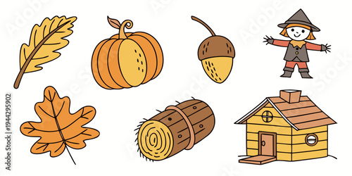 A collection of autumn-themed items including a scarecrow, pumpkin, leaf, acorn, and log cabin.