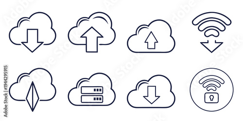 Various icons representing cloud computing and wireless network connectivity