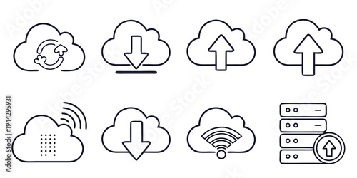 A collection of icons representing various cloud computing and data storage concepts