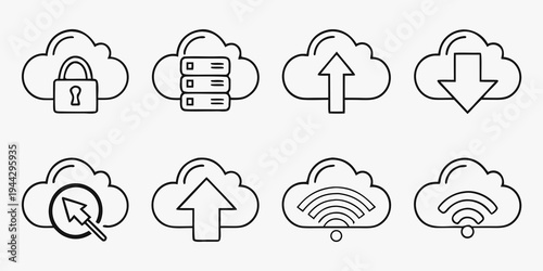 Set of nine icons representing various cloud computing and data transfer concepts