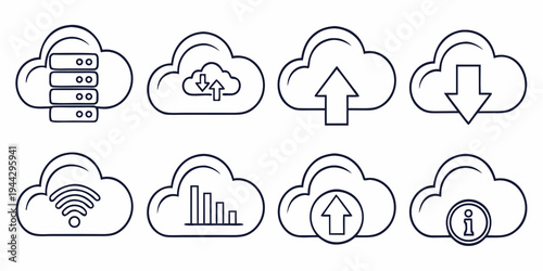 Set of icons representing various cloud computing services and data storage solutions