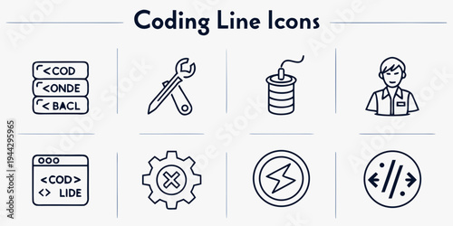 Set of six diverse coding line icons representing various programming elements and tools