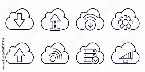 A collection of cloud computing and data transfer icons in a variety of styles