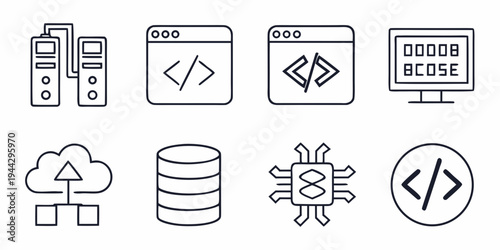 A collection of icons representing various aspects of computer programming and cybersecurity