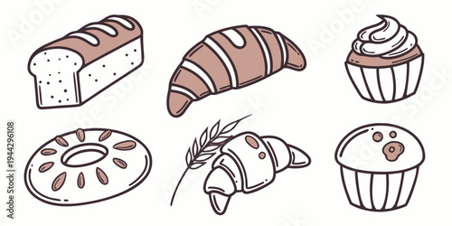 Assorted pastries and desserts including donuts, cupcakes, and a slice of cake.