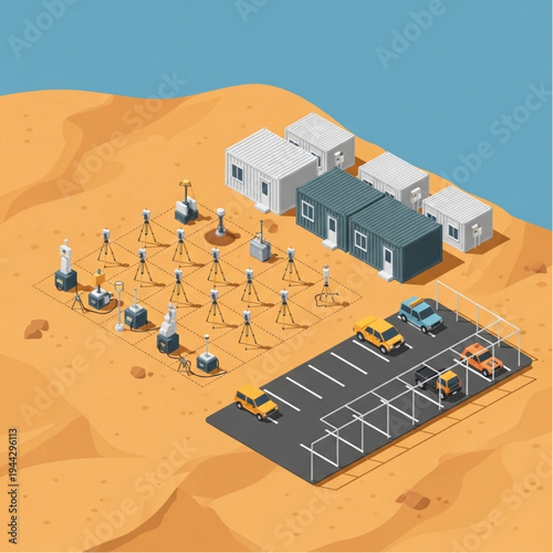 Isometric illustration of a remote research station with modular buildings, scientific equipment, and a parking lot in a desert landscape.