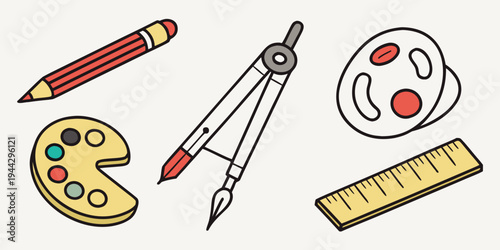 A collection of art and drawing tools including a ruler, compass, paint palette, and pencils