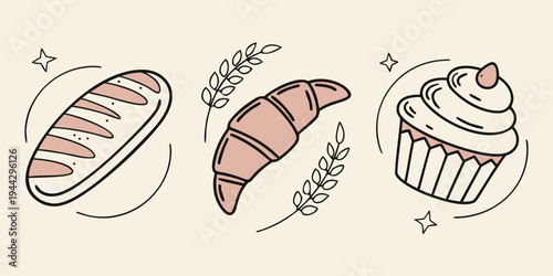 Assorted pastries including a croissant, cupcake, and a slice of cake on a plate