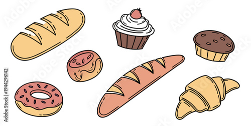 An assortment of pastries and breads including baguettes, croissants, and donuts