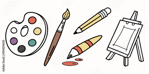 Artistic tools including a palette, brushes, and an easel with a paint tube