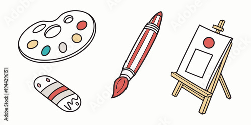 Art supplies including a paint palette, paintbrush, paint tube, and easel
