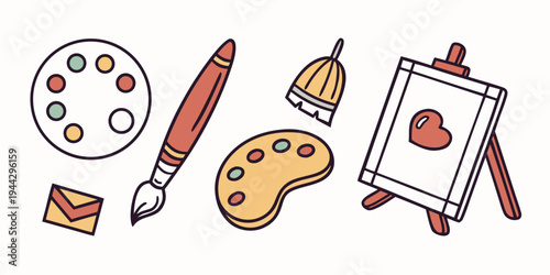 Assorted art supplies including paint palette, brush, palette knife, and canvas