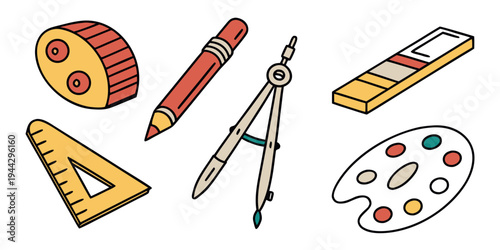 A collection of various art and design tools including a compass, paint palette, ruler, and pencil