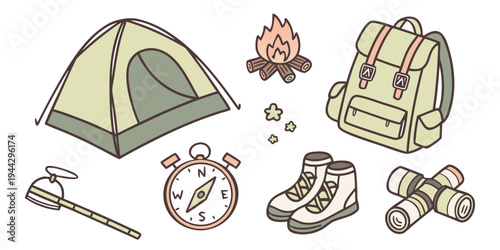A collection of camping gear including a tent, backpack, and various equipment