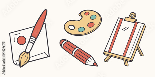 Art supplies including a paintbrush, palette, crayon, and easel