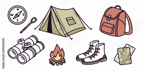 A collection of camping equipment including a tent, sleeping bag, backpack, and hiking boots