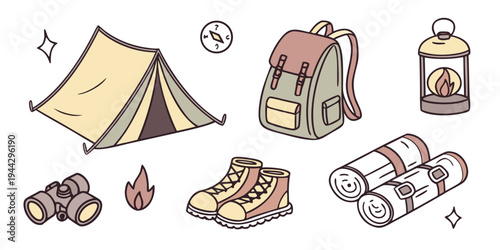 A collection of camping gear including a tent, backpack, and boots arranged neatly
