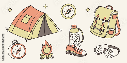 Various camping equipment and items arranged together in a scene