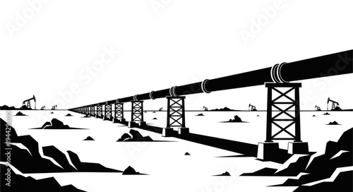 Monochrome illustration of a long oil pipeline stretching across a desolate landscape with oil derricks in the distance.