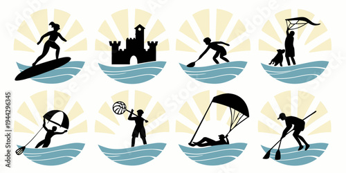 Diverse group of people engaging in various water sports activities