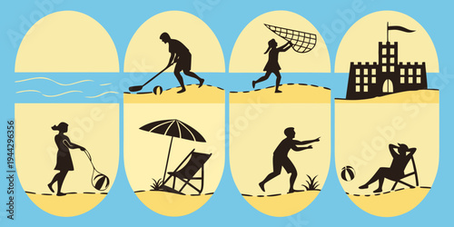 A series of silhouetted people engaging in various beach activities under the sun