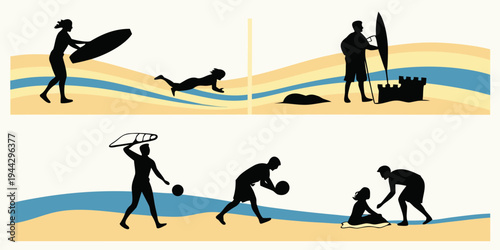 Illustration of people engaging in various beach and water activities