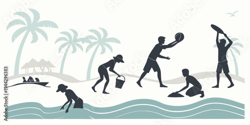 Evolution of humans playing beach volleyball with palm trees in the background