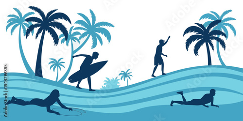 Two people surfing on waves with palm trees in the background under a clear sky