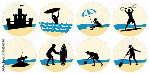 Surfers and surfboards in various positions and styles on the water
