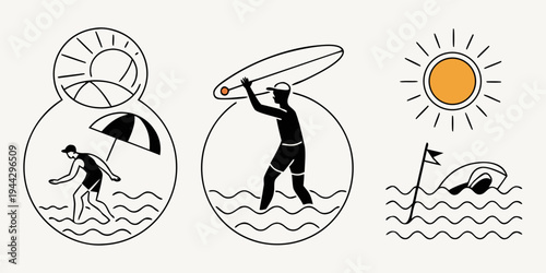 Three distinct illustrations of people engaging in various water activities under different weather conditions
