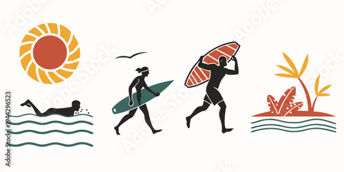 A person surfing on a wave with a surfboard and the sun shining in the background