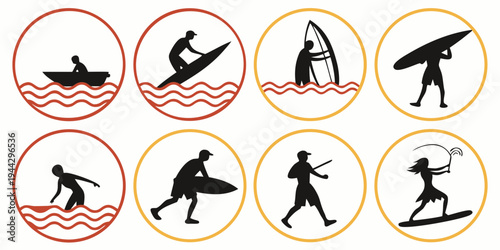 Eight different people skiing and snowboarding in various poses and positions