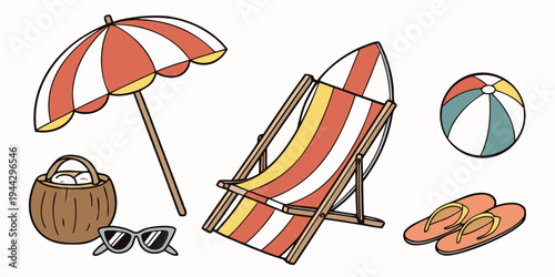 A beach scene with a colorful umbrella, deck chairs, and a picnic basket.